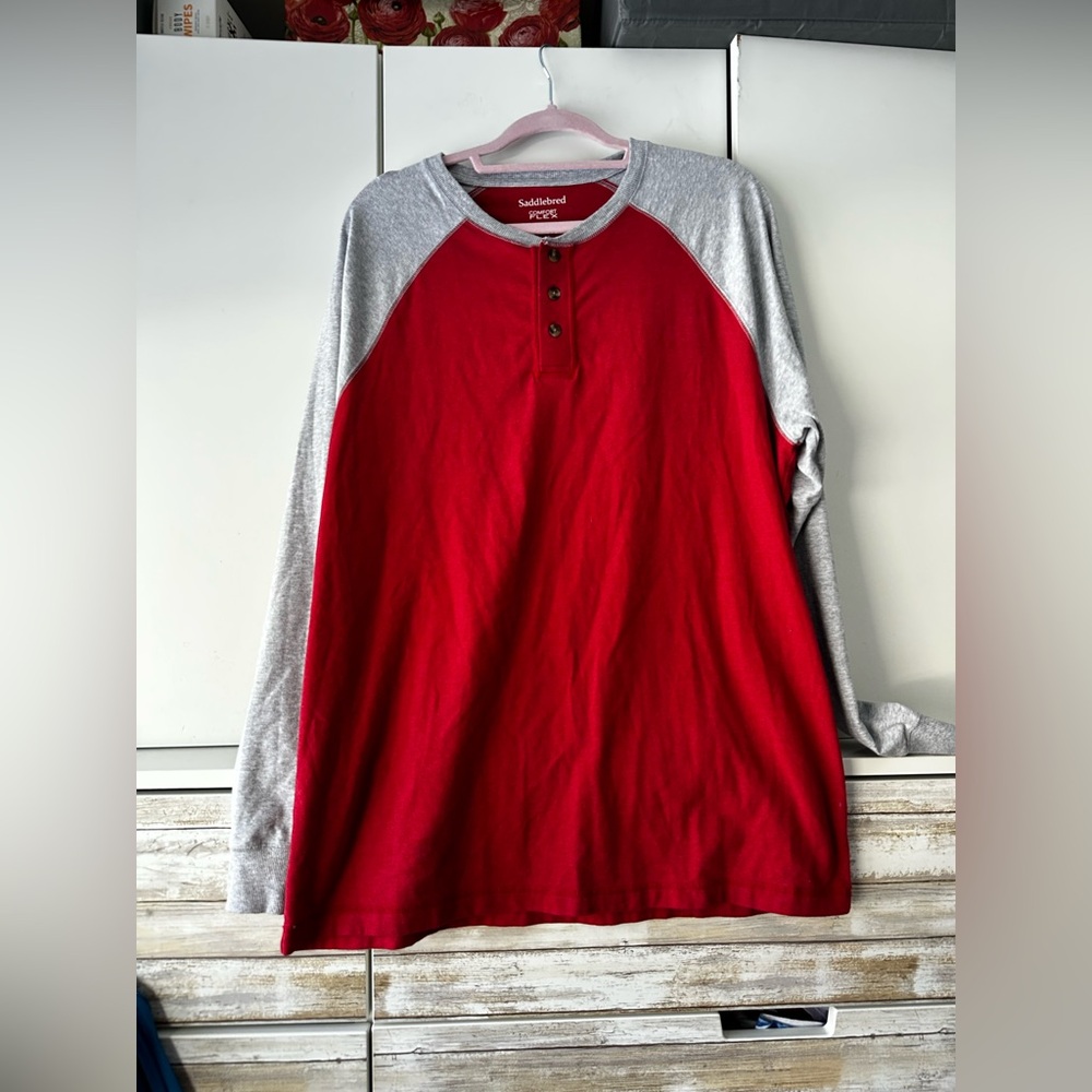 ❤️ Saddlebred Comfort Flex Red Gray Raglan Henley Long Sleeve Shirt Men’s L